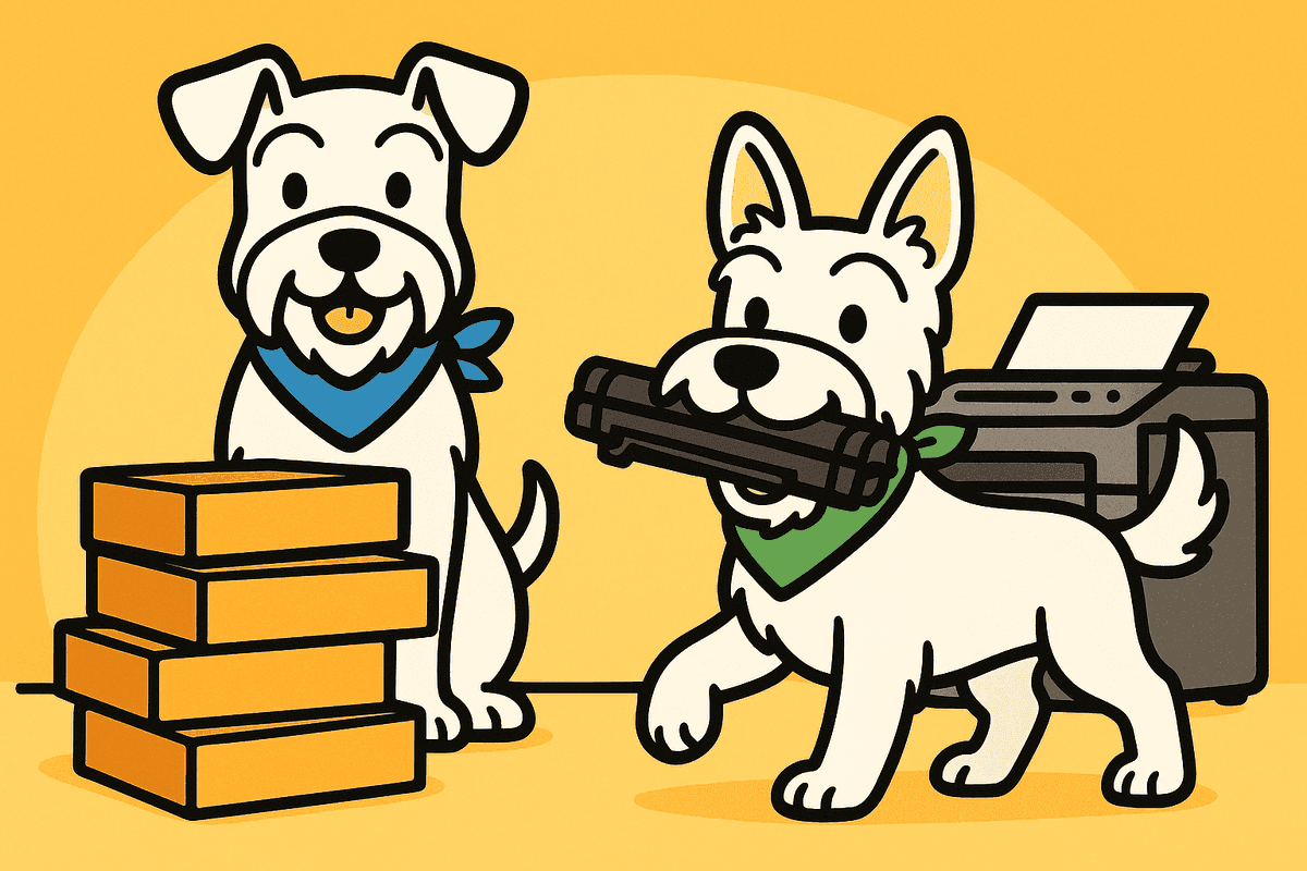 Ollie and Noodle with printer