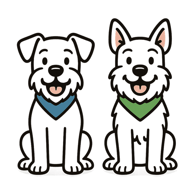 Ollie and Noodle portrait — real twin white miniature schnauzers