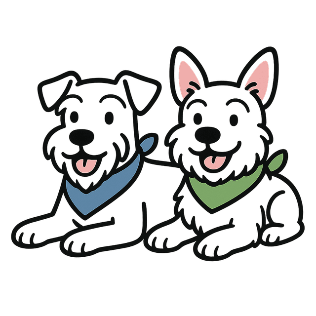 Ollie and Noodle, the twin white schnauzer mascots of FetchInk