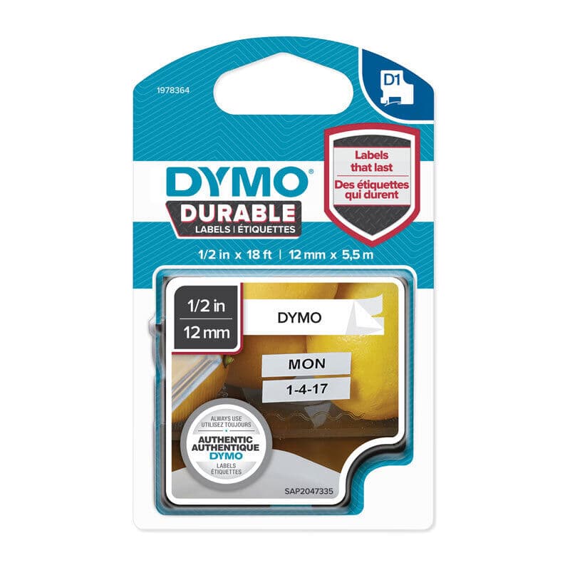 D1 Durable Black on White 12mm x 5.5m, Dymo, at FetchInk Australia