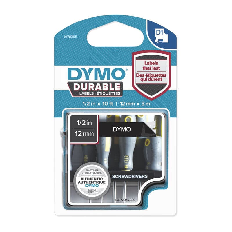 D1 Durable White on Black 12mm x 3m, Dymo, at FetchInk Australia