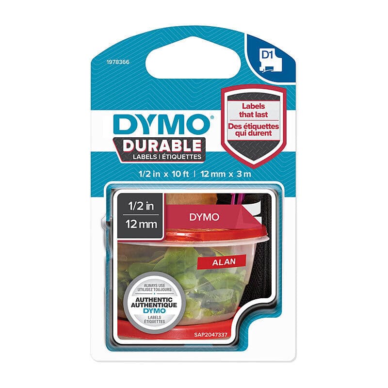 D1 Durable White on Red 12mm x 3m, Dymo, at FetchInk Australia