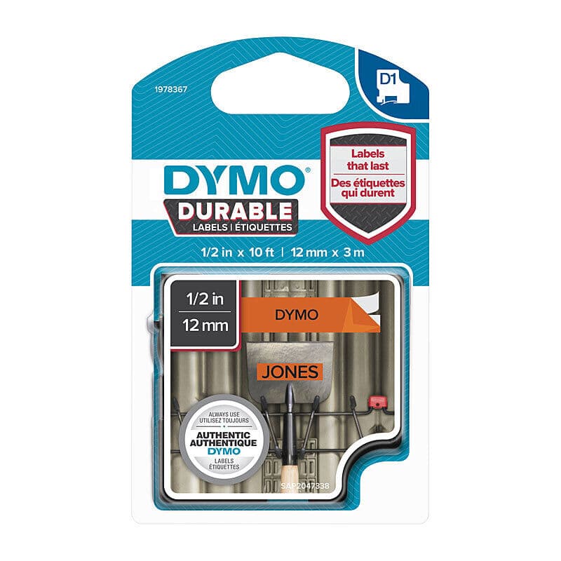 D1 Durable Black on Orn 12mm x 3m, Dymo, at FetchInk Australia