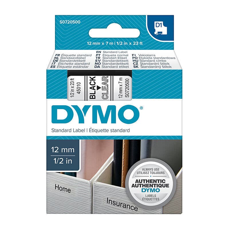 D1 Black on Clear 12mmx7m Tape, Dymo, at FetchInk Australia