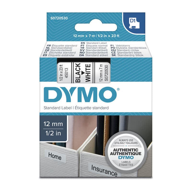 D1 Black on White 12mmx7m Tape, Dymo, at FetchInk Australia
