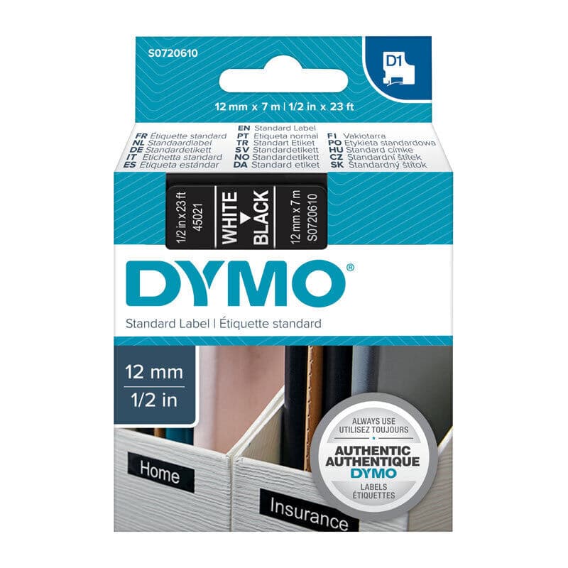 D1 White on Black 12mmx7m Tape, Dymo, at FetchInk Australia