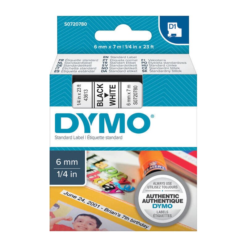 D1 Black on White 6mm x7m Tape, Dymo, at FetchInk Australia